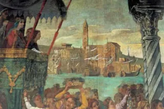 Raffigurazione del porto di Trani sul sipario del teatro "San Ferdinado"
