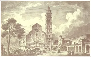 Incisione di chiesa con campanile
