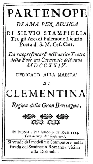 Frontespizio del libretto della Partenope di Domenico Sarro, Roma 1724