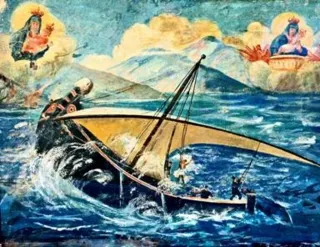 Dipinto votivo con un'imbarcazione travolta dalle onde e due immagini mariane tra le nuvole in alto