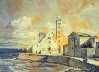 Stampa ottocentesca colorata della Cattedrale di Trani con il campanile, affacciata sul mare, e una piccola figura sulla scogliera
