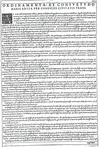 Pagina a stampa con il testo latino degli 'Ordinamenta et consuetudo maris edita per consules civitatis Trani', gli Statuti marittimi di Trani
