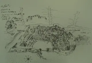 Disegno a penna a volo d'uccello di Trani murata, con porto, castello e annotazioni manoscritte numerate dei principali edifici