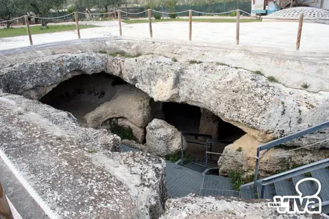 L'apertura dell'ipogeo di Santa Geffa nel terreno, con la scala metallica e la staccionata del parco