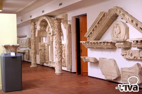 Esposizione lapidea: colonne scolpite, un arco ricomposto, un frontone con medaglione e frammenti alle pareti