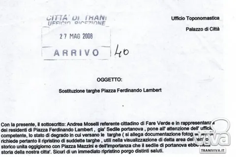 Richiesta di sostituzione delle targhe di piazza Ferdinando Lambert, con il timbro di arrivo del 27 maggio 2008