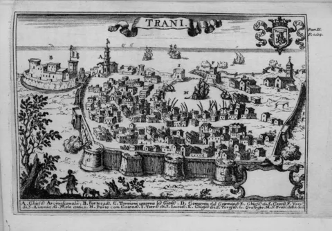 Trani nell’opera di Giovanni Battista Pacichelli, 1703, con illustrazioni di Cassiano de Silva. Veduta di contesto, non una pagina del Libro Rosso.