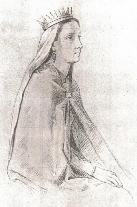 Disegno a matita di una figura femminile seduta con corona, velo e mantello, di profilo