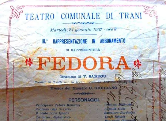 Locandina del Teatro comunale di Trani per martedì 21 gennaio 1907, diciottesima rappresentazione in abbonamento: 'Fedora', dramma di V
