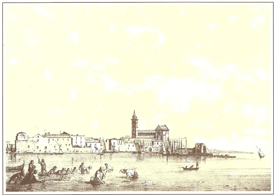 Stampa ottocentesca del profilo della città lungo la costa con la Cattedrale, barche e figure in primo piano nell'acqua bassa