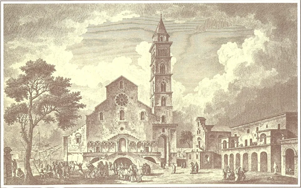 Incisione ottocentesca della facciata della Cattedrale e del campanile, con la piazza animata da figure, un grande albero a sinistra e un loggiato a destra