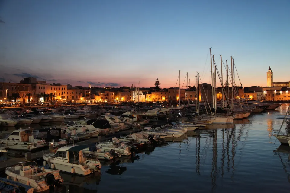 Il porto di Trani all'ora blu con barche ormeggiate, riflessi sull'acqua e le luci dei palazzi del lungoporto; sullo sfondo la Cattedrale