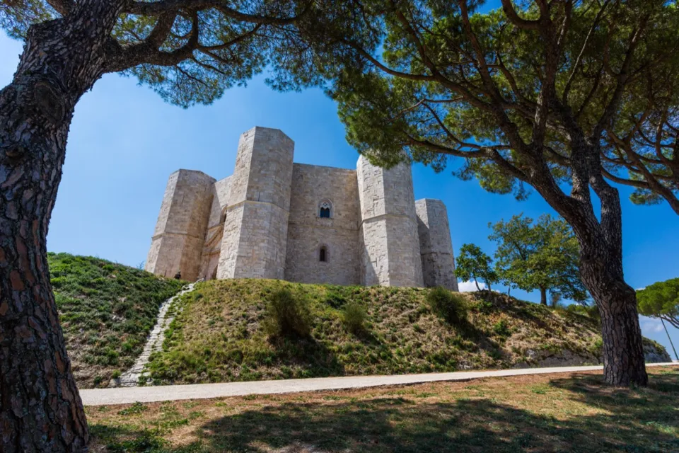 Castel del Monte incorniciato dai pini