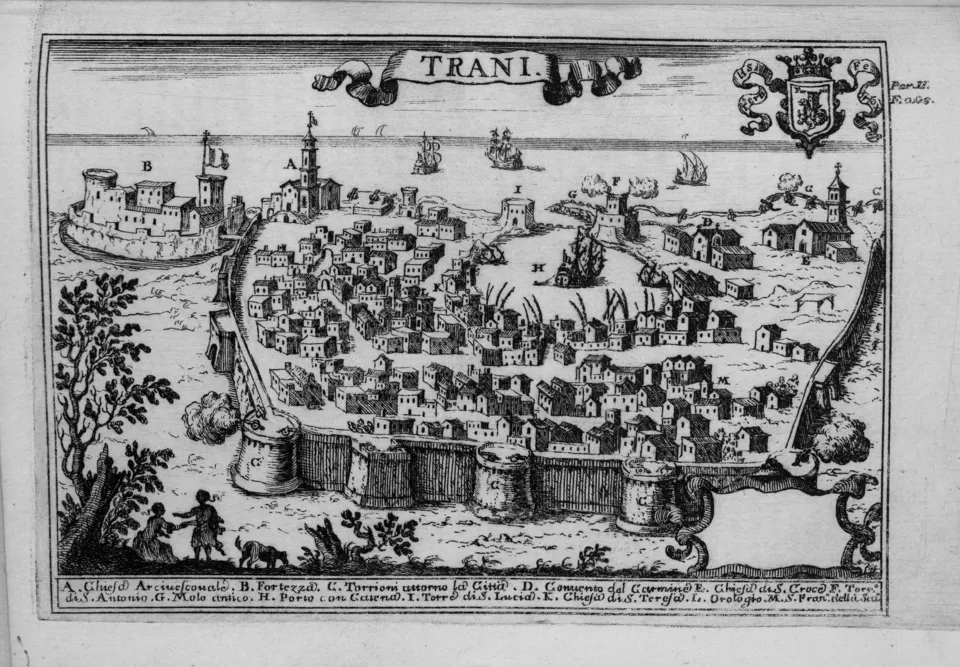 Trani nell’opera di Giovanni Battista Pacichelli, 1703, con illustrazioni di Cassiano de Silva. Veduta di contesto, non una pagina del Libro Rosso.