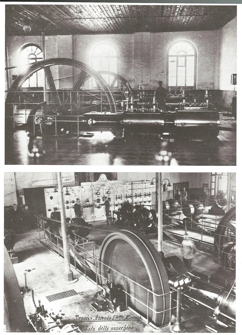 Due fotografie d'epoca della sala macchine della centrale elettrica, con grandi volani e quadri di comando; didascalia 'Trani - Azienda Elettrica Municipale - Sala delle macchine'