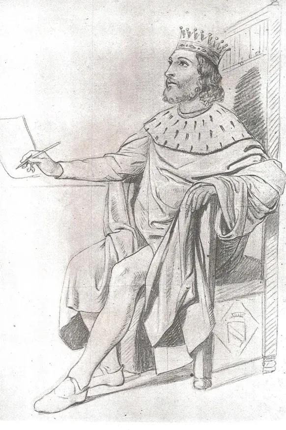 Disegno a matita di un sovrano con corona e mantello d'ermellino, seduto in trono mentre scrive su un foglio con la penna