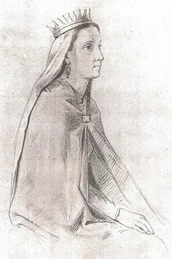 Disegno a matita di una figura femminile seduta con corona, velo e mantello, di profilo