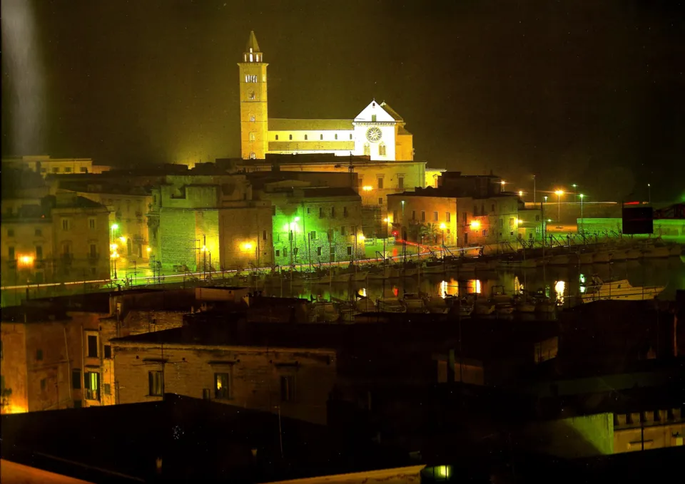 Veduta notturna della Cattedrale e del campanile illuminati oltre i tetti e lo specchio d'acqua del porto
