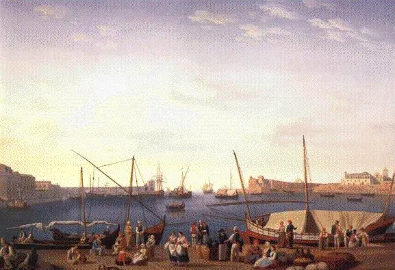 Veduta dipinta del porto di Trani con barche a vela, pescatori e merci sulla riva in primo piano e la Cattedrale sullo sfondo a destra