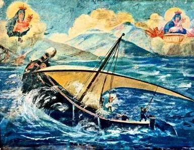 Dipinto votivo con un'imbarcazione travolta dalle onde e due immagini mariane tra le nuvole in alto