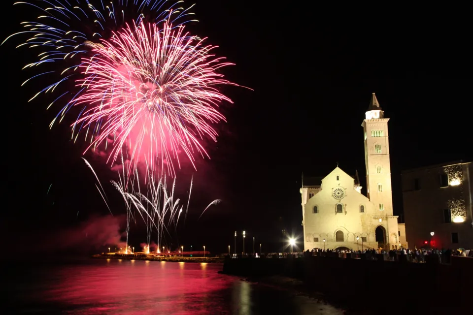 Fuochi d'artificio rosa e blu nel cielo notturno a sinistra della Cattedrale illuminata, con il mare e la banchina in primo piano