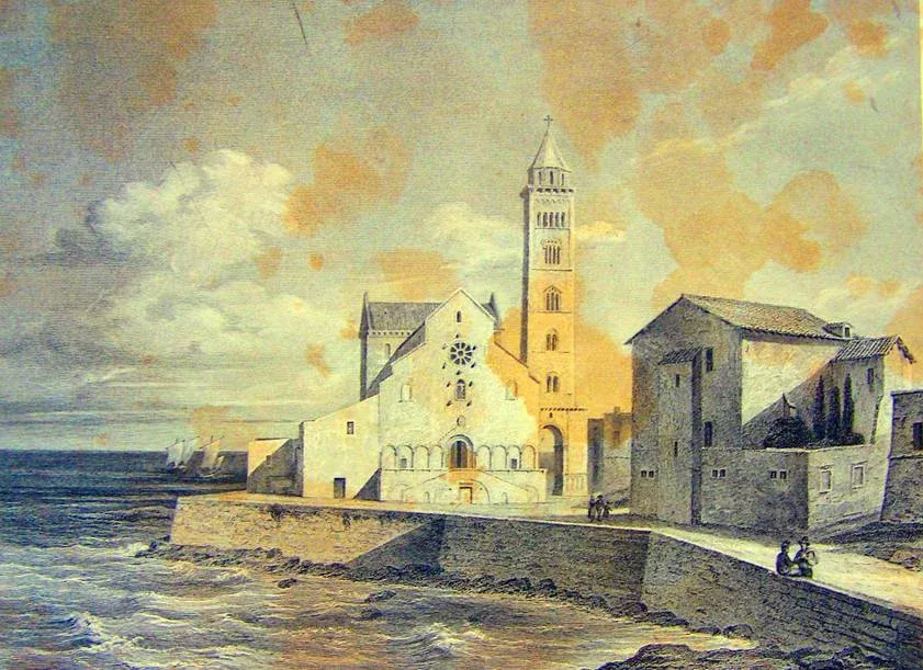 Stampa ottocentesca colorata della Cattedrale di Trani con il campanile, affacciata sul mare, e una piccola figura sulla scogliera