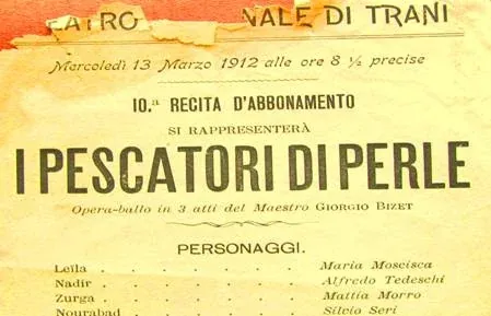 Locandina del Teatro comunale di Trani per mercoledì 13 marzo 1912, decima recita d'abbonamento: 'I pescatori di perle', opera-ballo in 3 atti di Georges Bizet, con l'elenco degli interpreti