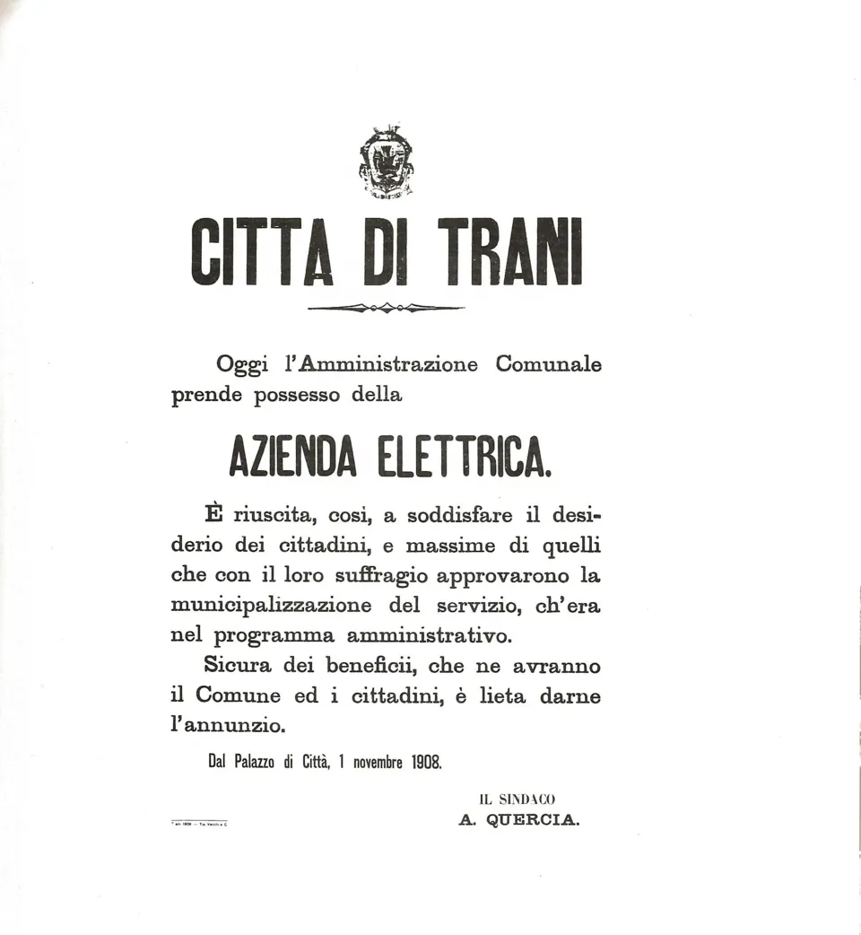 Manifesto del Comune di Trani del 1 novembre 1908 che annuncia la presa di possesso dell'Azienda Elettrica municipalizzata, firmato dal sindaco A