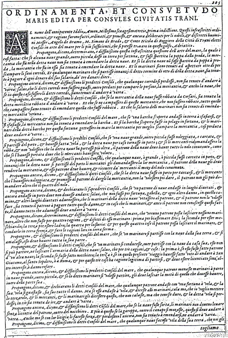 Pagina a stampa con il testo latino degli 'Ordinamenta et consuetudo maris edita per consules civitatis Trani', gli Statuti marittimi di Trani