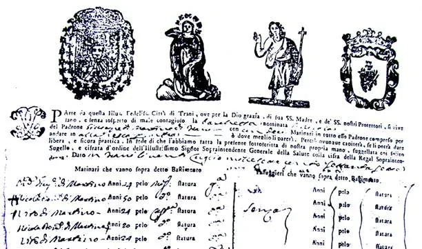 Documento a stampa con stemmi e figure di santi, che attesta la partenza di un'imbarcazione dalla città di Trani, con l'elenco manoscritto dei marinai imbarcati