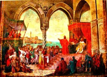Dipinto su tela con scena medievale: sotto una loggia gotica un personaggio in rosso parla davanti a un sovrano in trono e alla folla, con il porto di Trani e un campanile sullo sfondo