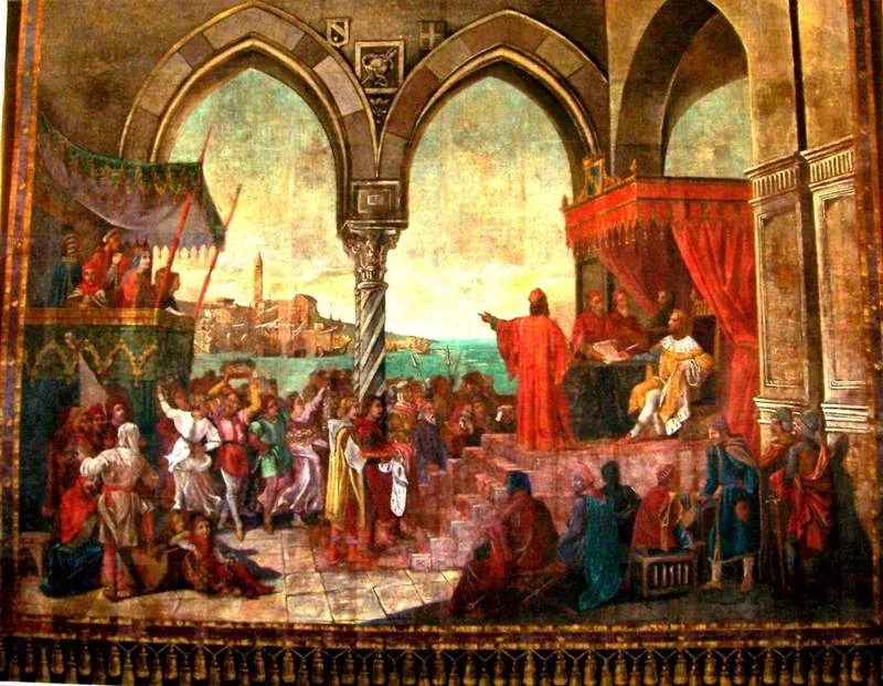 Il sipario dipinto del Teatro comunale di Trani per intero: scena medievale sotto una loggia gotica con folla, sovrano in trono e un oratore in rosso, con il porto e un campanile sullo sfondo
