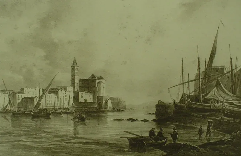 Veduta del porto con barche a vela, figure sulla riva e la Cattedrale con il campanile sullo sfondo, in tonalità verdastre